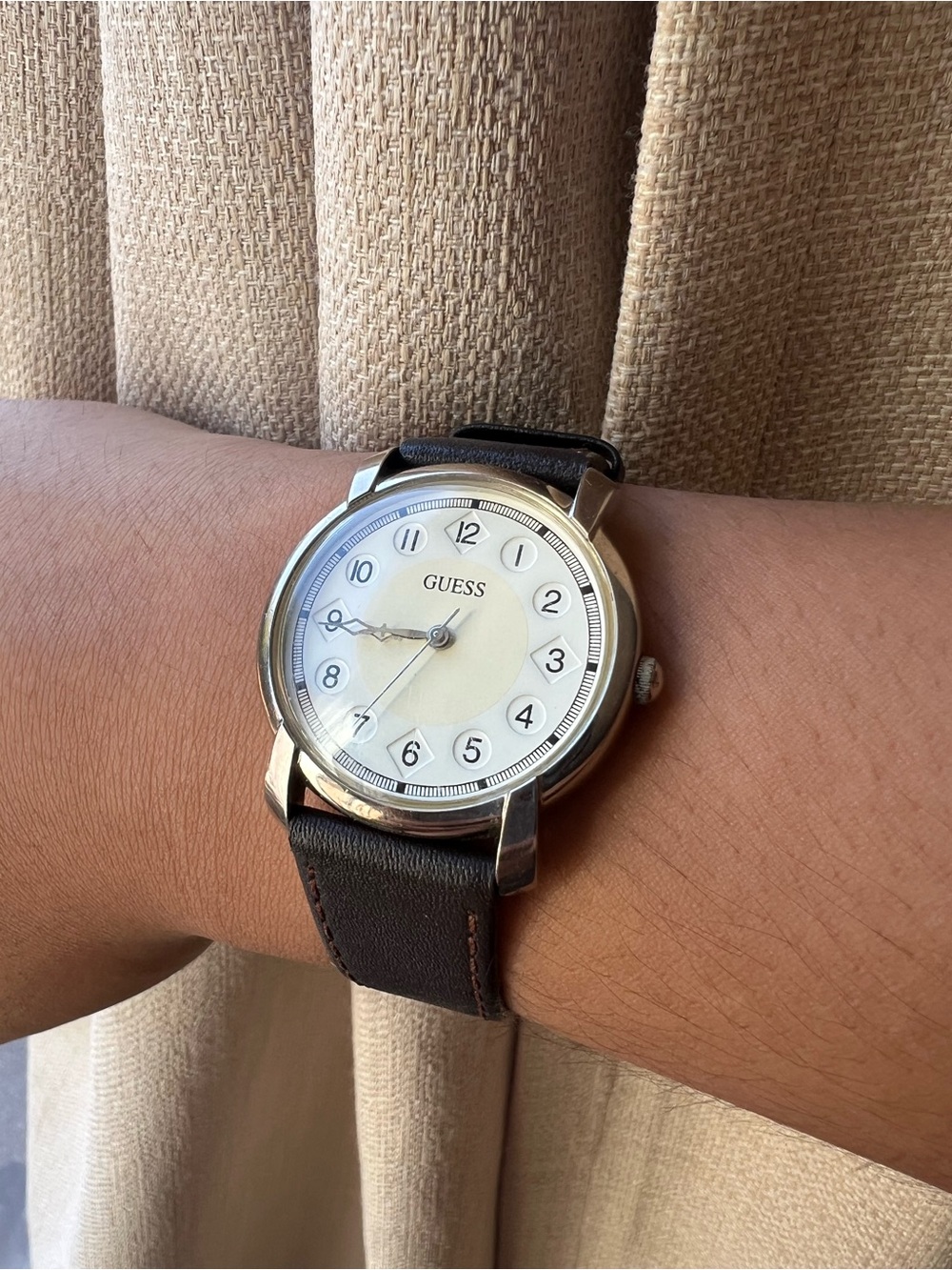 Guess Silver Case White Dial Brown Leather Strap Wristwatch